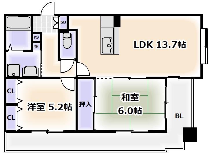 シエル・ピュール田辺(2LDK/5階)の間取り写真