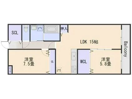 クレスト山本I(2LDK/1階)の間取り写真