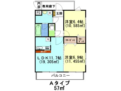 富山地鉄富山港線 城川原駅 徒歩17分 3階建 築21年(2LDK/1階)の間取り写真
