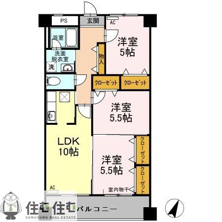 イーストONEイーストワン(3LDK/5階)の間取り写真