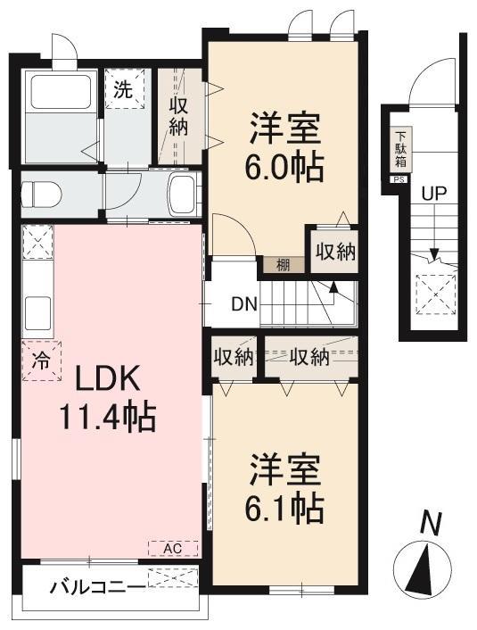 サウス・ヴィレッジA・B(2LDK/2階)の間取り写真
