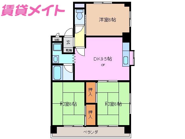 ソシアルドミール東館(3DK/3階)の間取り写真