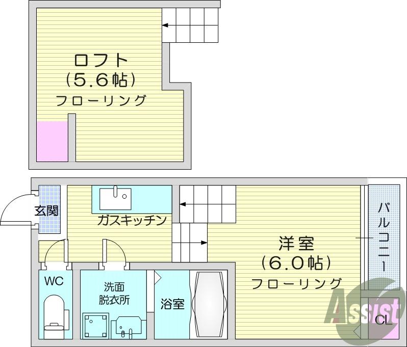 ハーモニーテラス山手町Ⅳ(1K/2階)の間取り写真