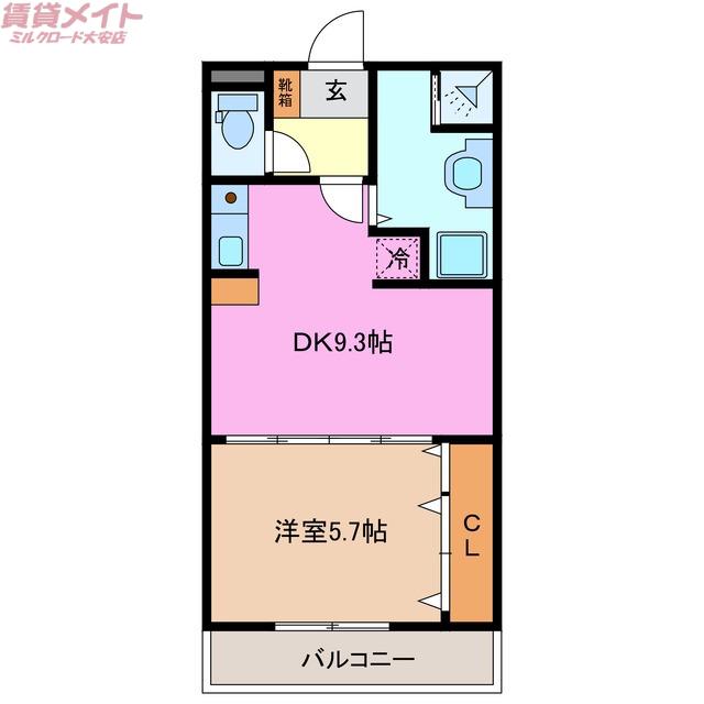 カーザ・北勢(1DK/2階)の間取り写真