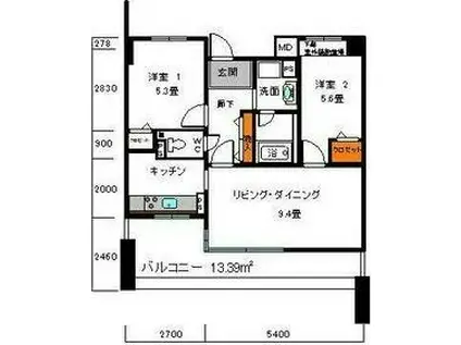 白鷹苦楽園マンション(2LDK/3階)の間取り写真