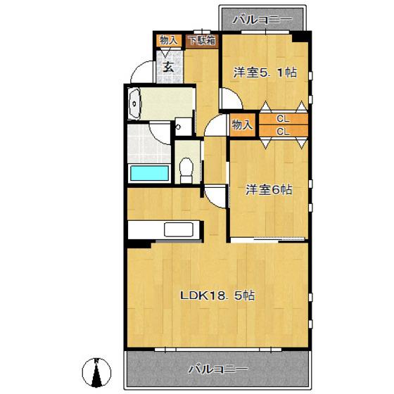 HOLLY HILLS RESIDENCE イースト(2LDK/3階)の間取り写真
