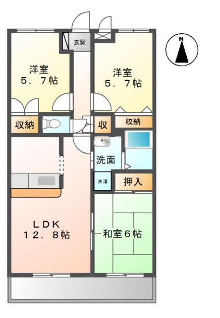サニーハイツ鬼無(3LDK/2階)の間取り写真