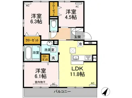 サウスコートS B棟(3LDK/1階)の間取り写真