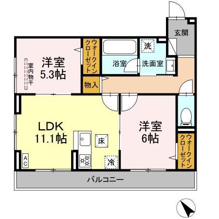 ディー パイナ 鴨居2(2LDK/1階)の間取り写真