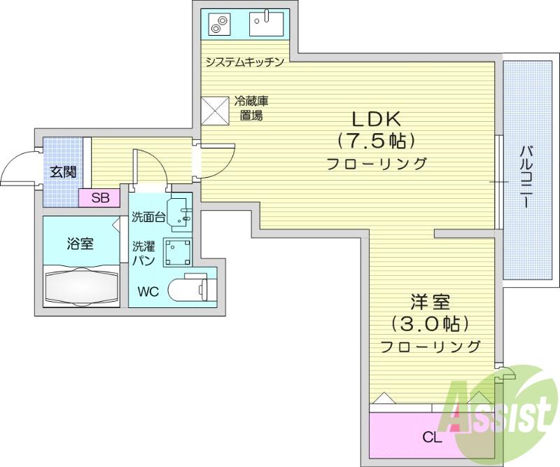 メリディアン白鳥(1LDK/3階)の間取り写真