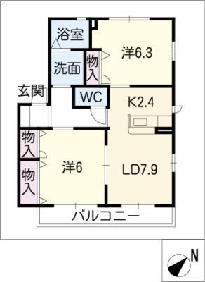 ジョイフルタウン豊田南 C棟(2LDK/2階)の間取り写真