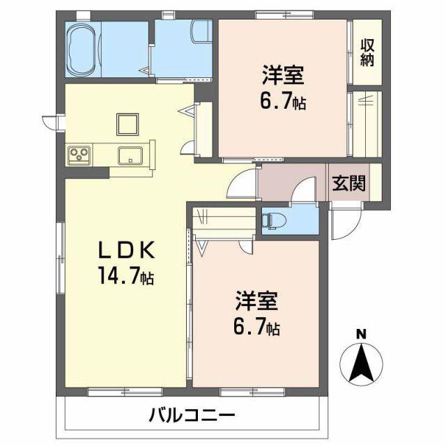 ハーミテージ B棟(2LDK/2階)の間取り写真