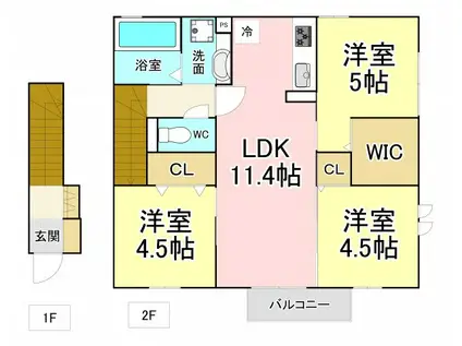 ヴィルヌーブ相坂 A棟(3LDK/2階)の間取り写真