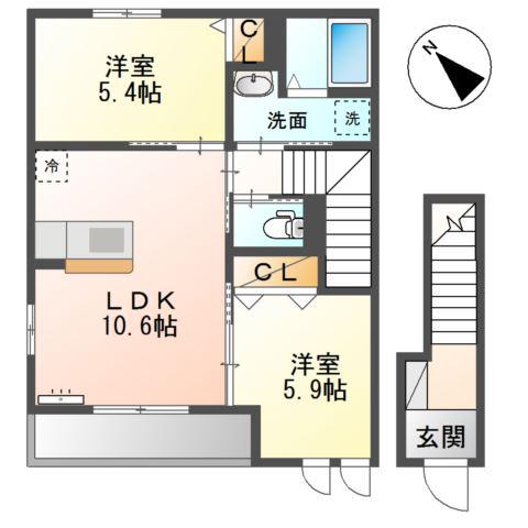 ボンヌール(2LDK/2階)の間取り写真