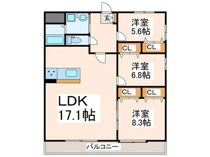 フリューション上南部壱番館(3LDK/1階)の間取り写真