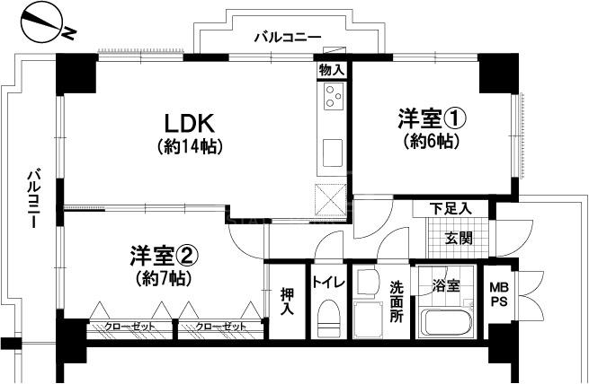 シャンボール大名A棟(2LDK/11階)の間取り写真