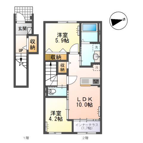 光明寺字山屋敷アパート(2LDK/2階)の間取り写真