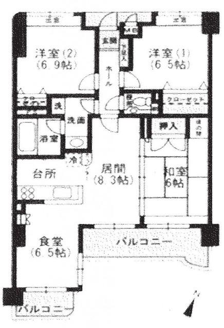 東峰マンションダーリングヒル友泉亭(3LDK/2階)の間取り写真