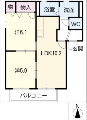 サニーハウス六軒屋A棟(2LDK/2階)の間取り写真
