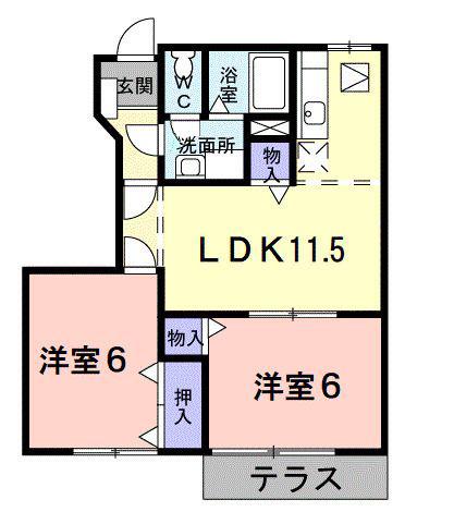 ロータス城ヶ上A(2LDK/1階)の間取り写真