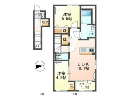 JR宇都宮線 石橋駅(栃木) 徒歩6分 2階建 築1年(2LDK/2階)の間取り写真