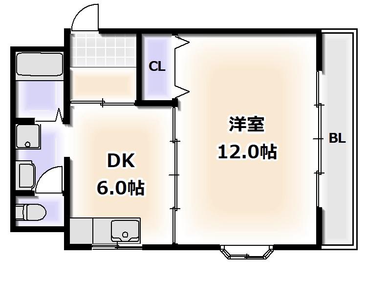 JR阪和線 我孫子町駅 徒歩5分 4階建 築34年(1LDK/3階)の間取り写真
