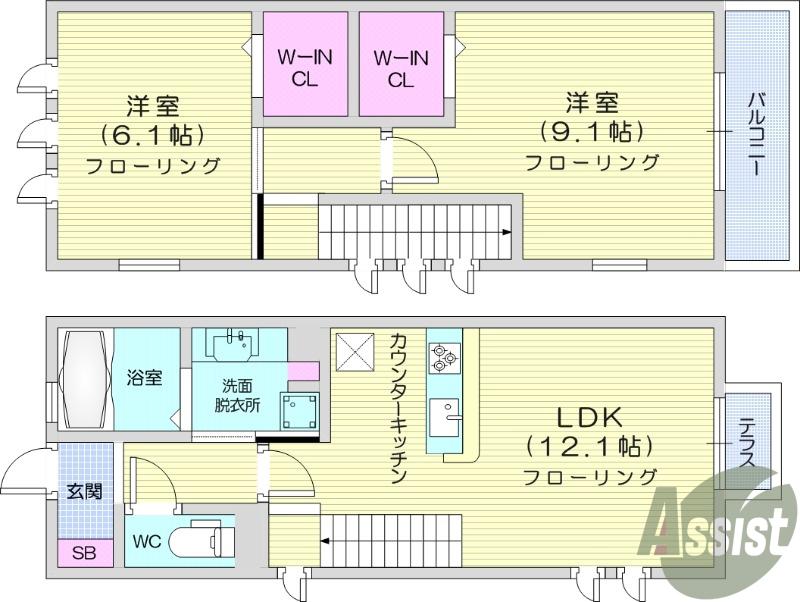 RAY ノース イースト LIBRARY A(2LDK/1階)の間取り写真