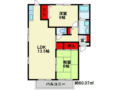 リヴ・アヴェニール A棟(2LDK/2階)の間取り写真