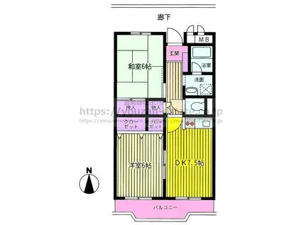 北弘ハイツ(2DK/2階)の間取り写真