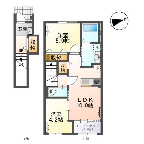 光明寺字山屋敷アパート(2LDK/2階)の間取り写真