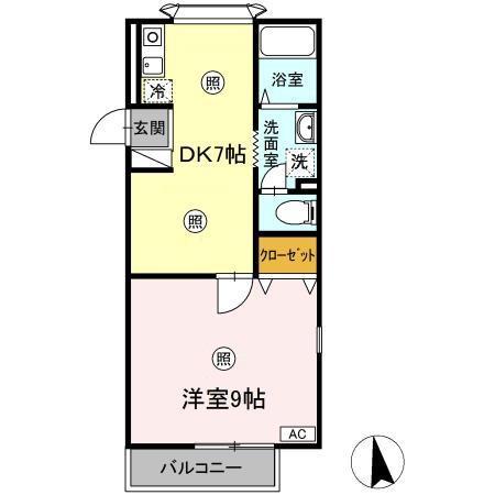 セジュール 山西 B棟(1DK/2階)の間取り写真
