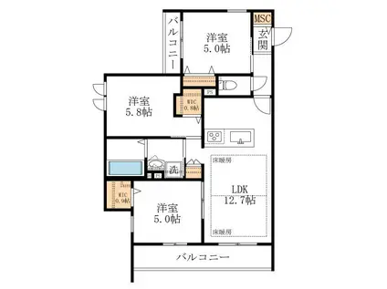 グリーンリーブズ稲荷山(3LDK/2階)の間取り写真