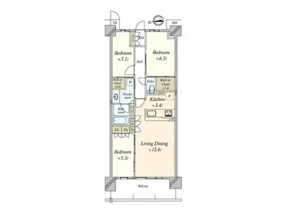 パークホームズLALA名古屋みなとアクルスガーデンスクエア(3LDK/5階)の間取り写真