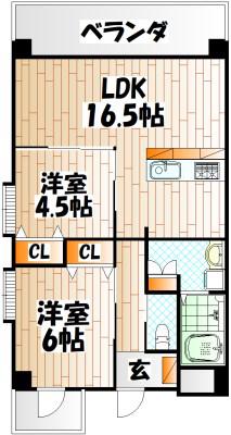 ルネス到津の森(2LDK/4階)の間取り写真