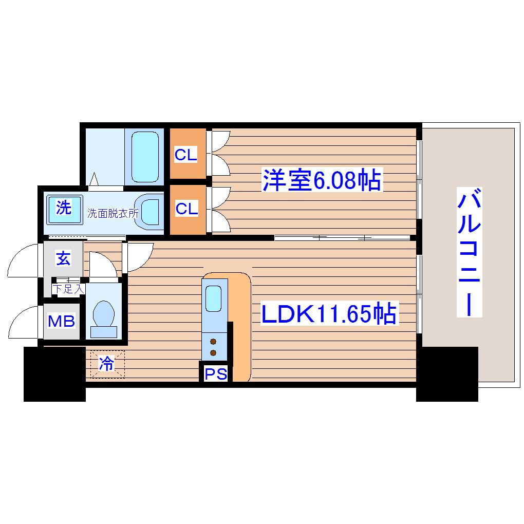 アルティザ仙台花京院(1LDK/6階)の間取り写真