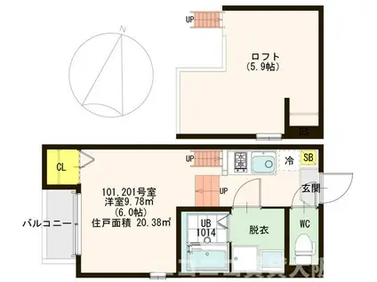 ハーモニーテラス野里(1K/1階)の間取り写真