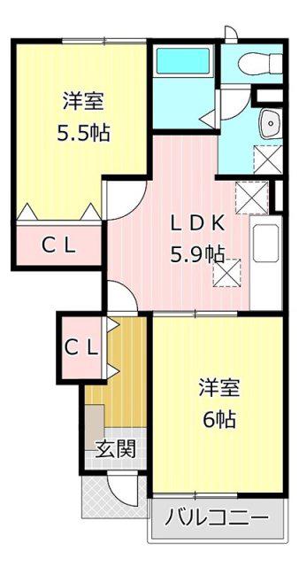 リバーサイド細江B(2DK/1階)の間取り写真