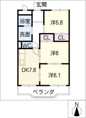ヒバリハイツ(3DK/1階)の間取り写真