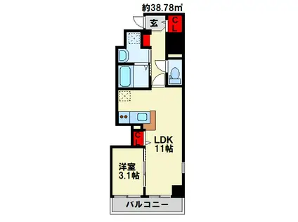 シェーナ下到津(1LDK/9階)の間取り写真