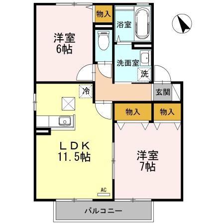 プリムヴェールC棟(2LDK/1階)の間取り写真