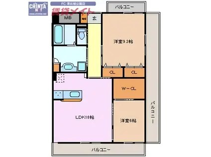 コーディアルコート 津(2LDK/9階)の間取り写真