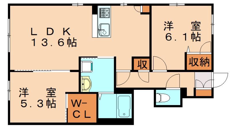 シャンティ A棟(2LDK/1階)の間取り写真