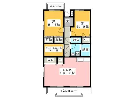 サンパティーク香貫(2LDK/2階)の間取り写真