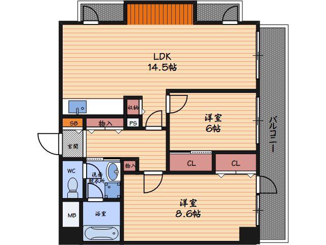 阪神ハイグレードマンション5番館(2LDK/3階)の間取り写真