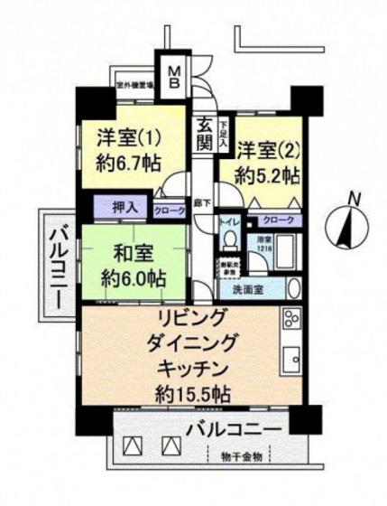 アスレ東原II番館(3LDK/9階)の間取り写真