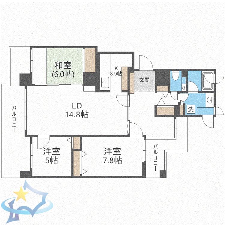 ライフプラザ北2条(3LDK/15階)の間取り写真