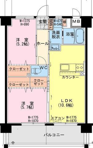 サンライズ北小路(2LDK/6階)の間取り写真