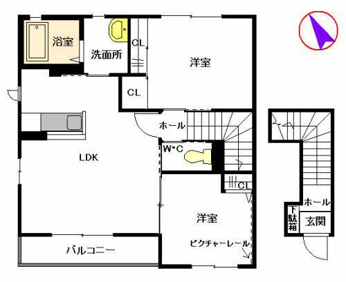 ティファーノ西大道 B棟(2LDK/2階)の間取り写真