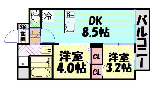 リヴェント難波ウエスト(2DK/4階)の間取り写真