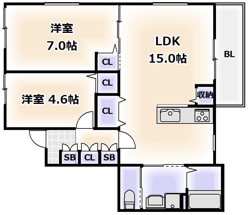 コスモ西今川(2LDK/2階)の間取り写真